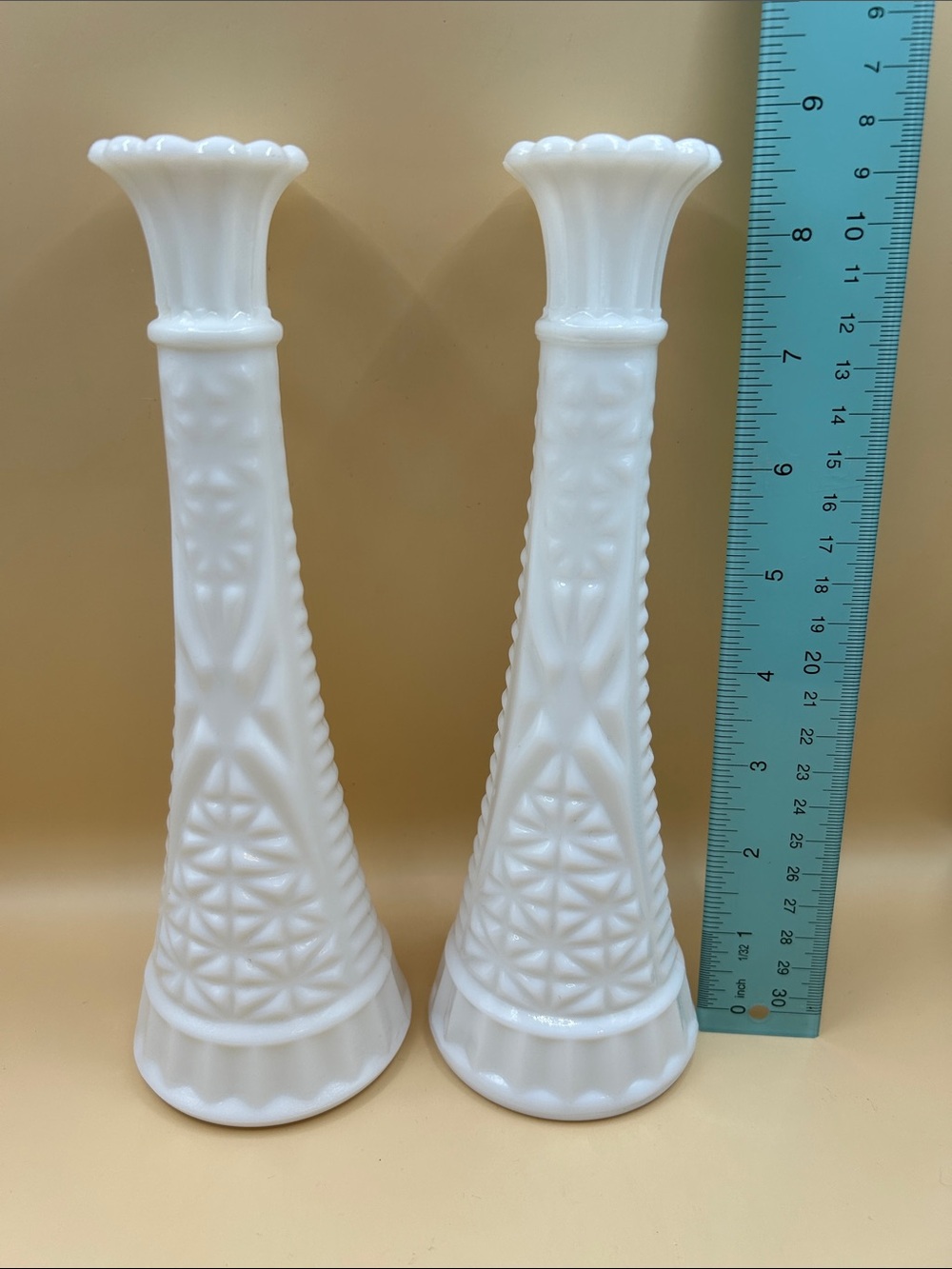 Set of Two Vintage Anchor Hocking "Stars and Bars" Milk Glass Bud Vases - Picture 2 of 6